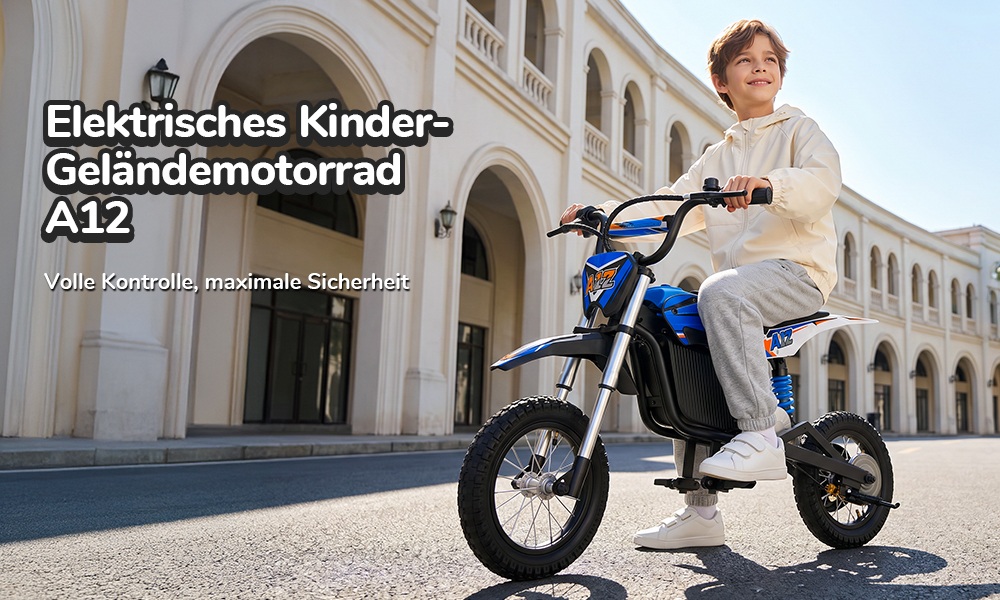 iScooter A12 Kinder-Elektro-Dirtbike, 300W Motor (350W Peak), 36V 4.5Ah Akku, 25 km/h Max. Geschwindigkeit, 20 km Reichweite, 12-Zoll Luftreifen, Vorder- & Hinterradfederung, Griffbremse & hintere Scheibenbremse, 3 Fahrmodi, 70 kg Traglast - Blau