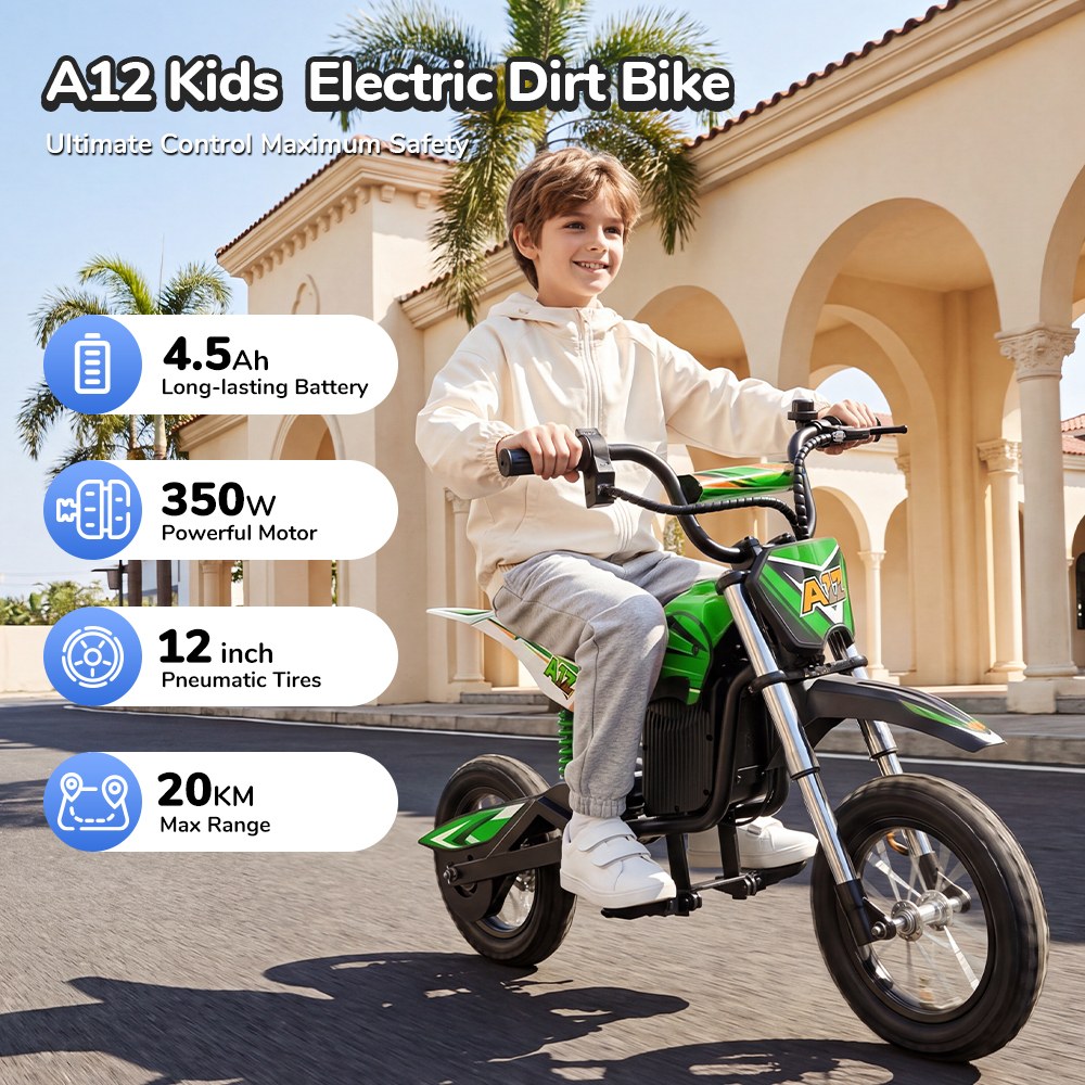 iScooter A12 Moto Tout-Terrain Électrique pour Enfants, Moteur 300W (350W en crête), Batterie 36V 4.5Ah, 25km/h, 20km d’autonomie, Pneu 12", Suspension avant et arrière, Frein à poignée et frein à disque arrière, 3 modes de vitesse - Vert