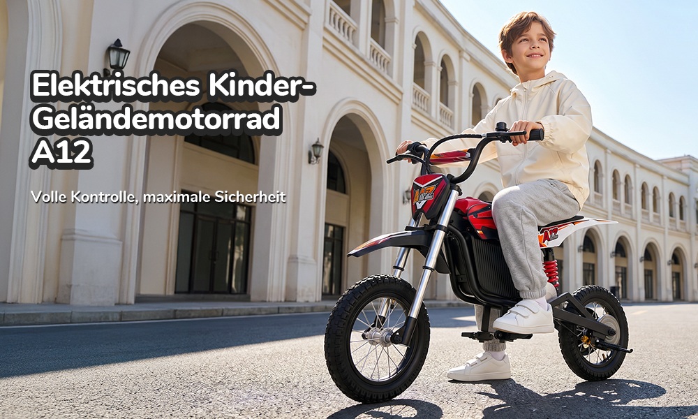 iScooter A12 Kinder-Elektro-Dirtbike, 300W Motor (350W Peak), 36V 4.5Ah Akku, 25 km/h Max. Geschwindigkeit, 20 km Reichweite, 12-Zoll Luftreifen, Vorder- & Hinterradfederung, Griffbremse & hintere Scheibenbremse, 3 Fahrmodi, 70 kg Traglast - Rot