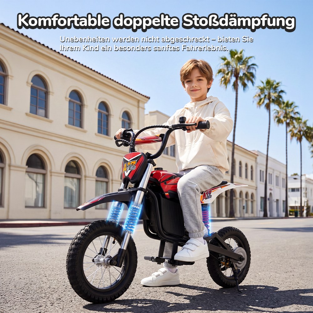 iScooter A12 Kinder-Elektro-Dirtbike, 300W Motor (350W Peak), 36V 4.5Ah Akku, 25 km/h Max. Geschwindigkeit, 20 km Reichweite, 12-Zoll Luftreifen, Vorder- & Hinterradfederung, Griffbremse & hintere Scheibenbremse, 3 Fahrmodi, 70 kg Traglast - Rot