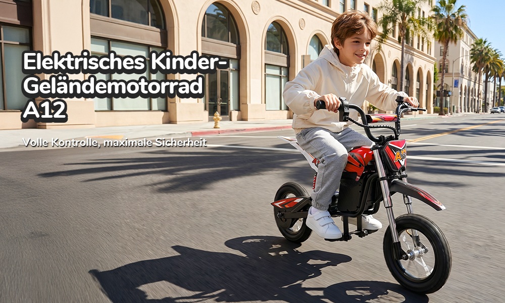 iScooter A12 Kinder-Elektro-Dirtbike, 300W Motor (350W Peak), 36V 4.5Ah Akku, 25 km/h Max. Geschwindigkeit, 20 km Reichweite, 12-Zoll Luftreifen, Vorder- & Hinterradfederung, Griffbremse & hintere Scheibenbremse, 3 Fahrmodi, 70 kg Traglast - Rot