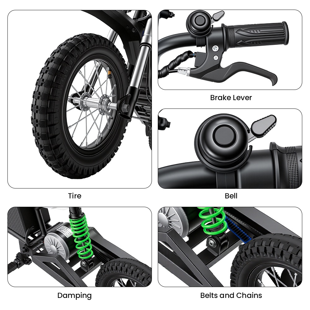 iScooter A12 Moto Tout-Terrain Électrique pour Enfants, Moteur 300W (350W en crête), Batterie 36V 4.5Ah, 25km/h, 20km d’autonomie, Pneu 12", Suspension avant et arrière, Frein à poignée et frein à disque arrière, 3 modes de vitesse - Vert