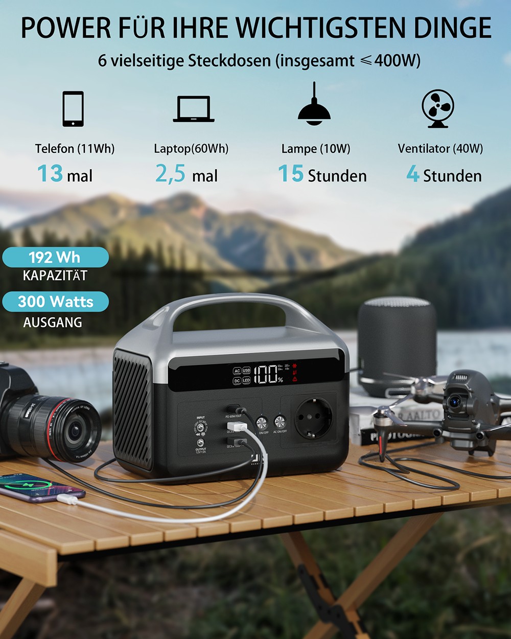 DaranEner NEOZ2 Tragbare Powerstation, 192Wh LiFePO4-Batterie, 300W AC-Ausgang, 600W Spitzenleistung, 60W Solar-Eingang, 60W USB-C PD, 2&times; USB-A, DC5521-Ausgang, BMS-Schutz, f&uuml;r Camping & Outdoor-Nutzung