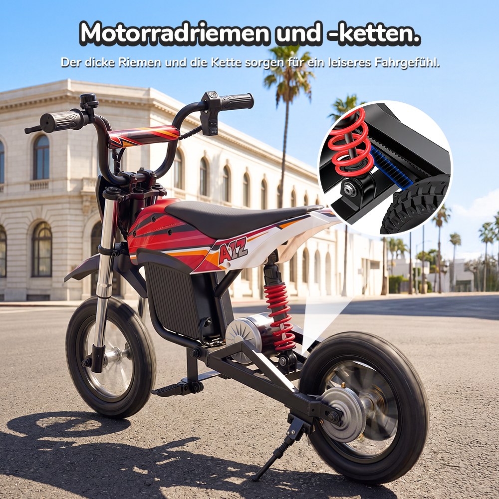 iScooter A12 Kinder-Elektro-Dirtbike, 300W Motor (350W Peak), 36V 4.5Ah Akku, 25 km/h Max. Geschwindigkeit, 20 km Reichweite, 12-Zoll Luftreifen, Vorder- & Hinterradfederung, Griffbremse & hintere Scheibenbremse, 3 Fahrmodi, 70 kg Traglast - Rot