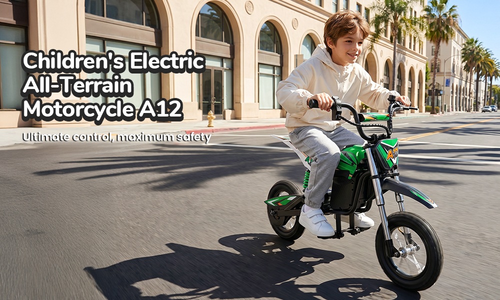 iScooter A12 Moto Tout-Terrain Électrique pour Enfants, Moteur 300W (350W en crête), Batterie 36V 4.5Ah, 25km/h, 20km d’autonomie, Pneu 12", Suspension avant et arrière, Frein à poignée et frein à disque arrière, 3 modes de vitesse - Vert