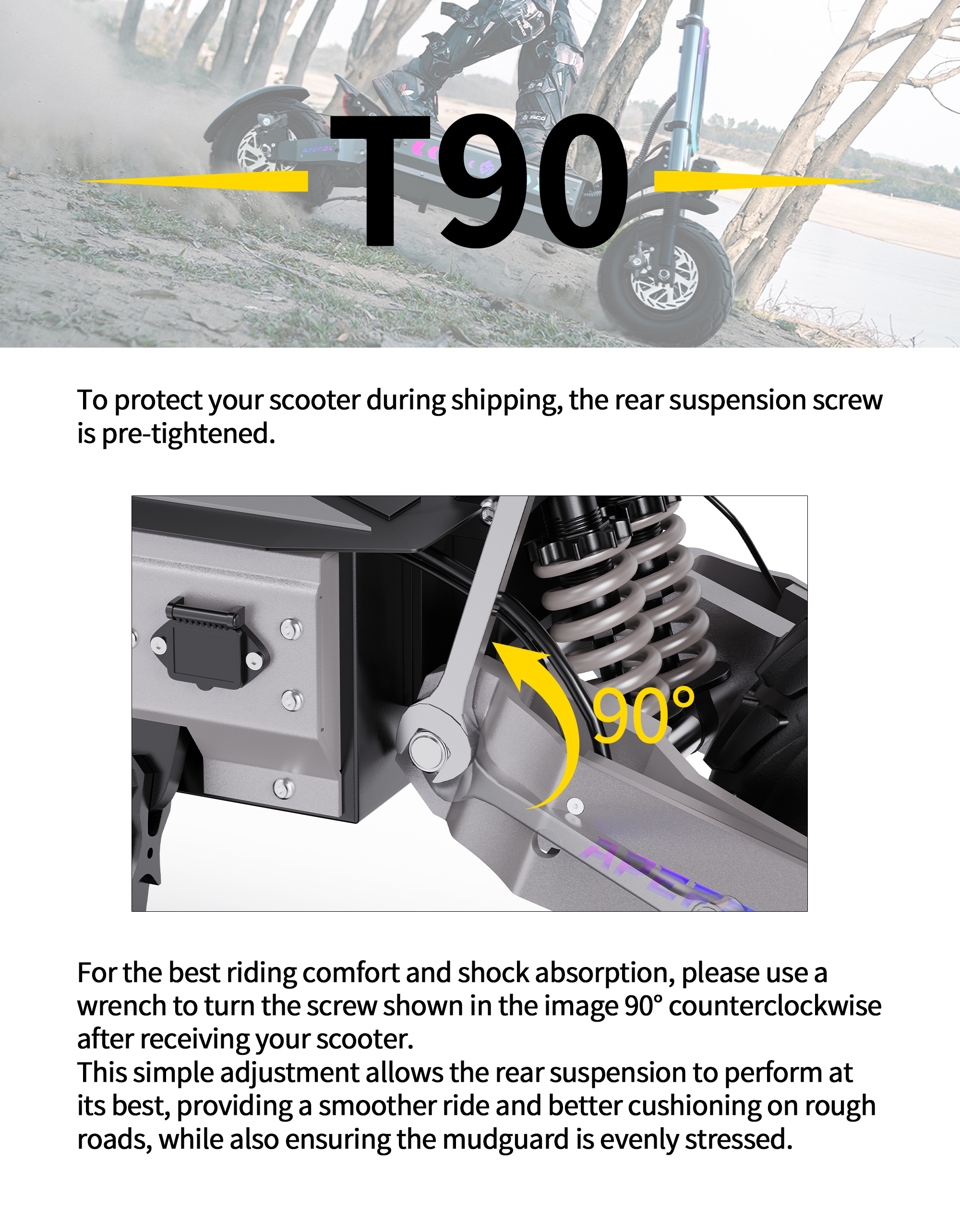APEFOX T90 Elektroroller, 2100W*2 Motor, 60V 31,2Ah Batterie, 13-Zoll-Reifen, 85 km/h Höchstgeschwindigkeit, 100 km Reichweite, hydraulische Scheibenbremsen, doppelte hydraulische Vorderradaufhängung & doppelte Federung hinten