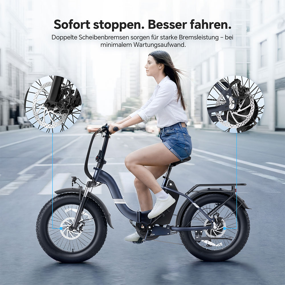 Touroll S2 Elektrofahrrad, 650 W max. Leistung, 48 V 15 Ah Akku, 20 x 4,0 Zoll Reifen, 25 km/h Max. Geschwindigkeit, 150 km max. Reichweite, mechanische Scheibenbremse & E-Bremse, mechanischer Stoßdämpfer, Shimano 7-Gang-Getriebe