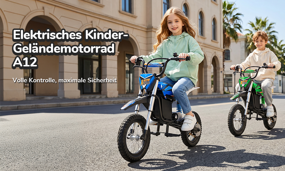iScooter A12 Kinder-Elektro-Dirtbike, 300W Motor (350W Peak), 36V 4.5Ah Akku, 25 km/h Max. Geschwindigkeit, 20 km Reichweite, 12-Zoll Luftreifen, Vorder- & Hinterradfederung, Griffbremse & hintere Scheibenbremse, 3 Fahrmodi, 70 kg Traglast - Grün