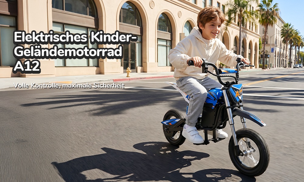 iScooter A12 Kinder-Elektro-Dirtbike, 300W Motor (350W Peak), 36V 4.5Ah Akku, 25 km/h Max. Geschwindigkeit, 20 km Reichweite, 12-Zoll Luftreifen, Vorder- & Hinterradfederung, Griffbremse & hintere Scheibenbremse, 3 Fahrmodi, 70 kg Traglast - Blau