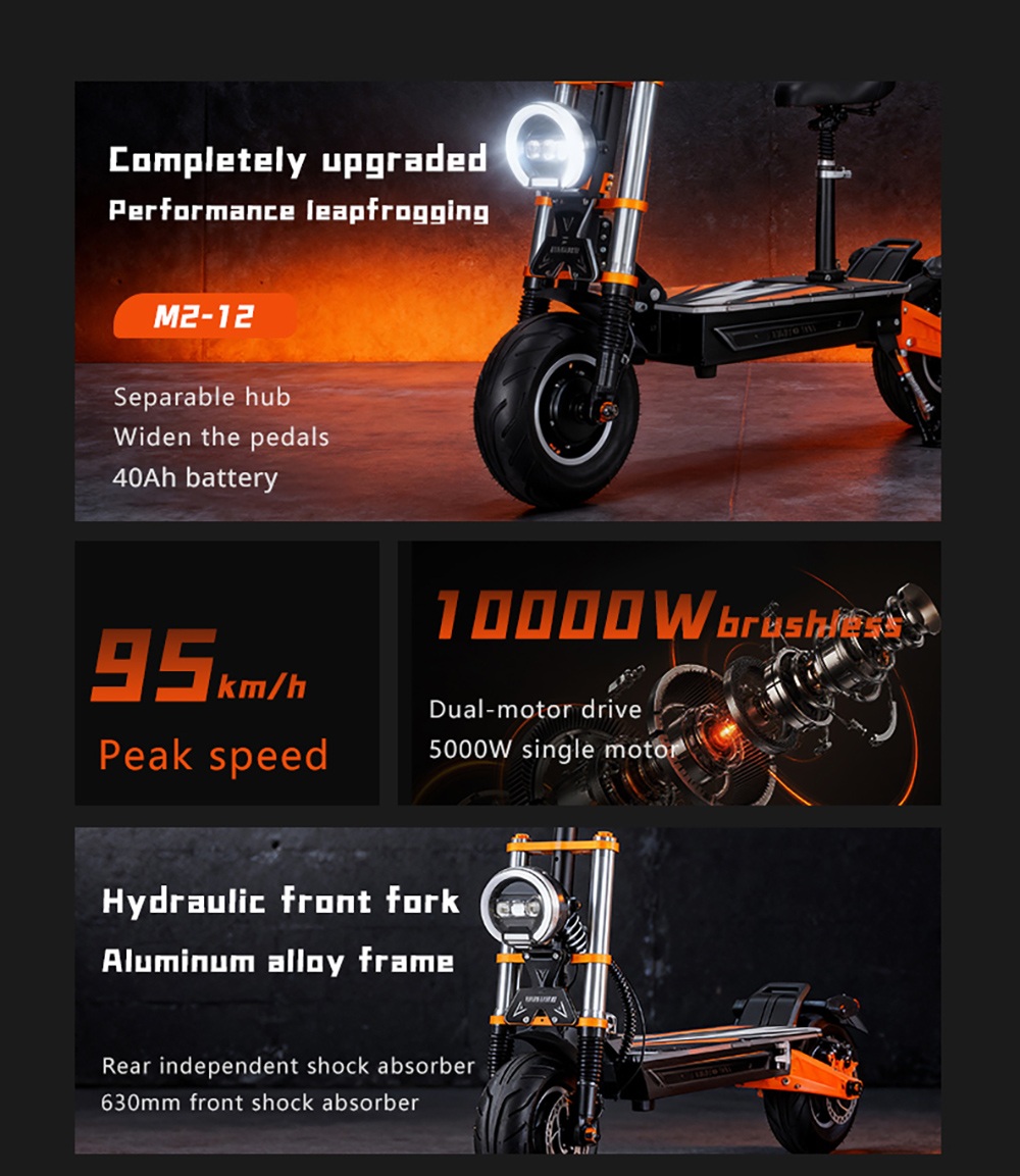 BOYUEDA M2 Electric Scooter, 10000W Dual Motor, 95km/h Speed, 72V 40Ah 2880Wh Lithium Battery, 150km Max Range, 45° Climbing, 12" Off-Road Tires, Hydraulic Disc Brakes, Dual Suspension, NFC Unlock, 200kg Load