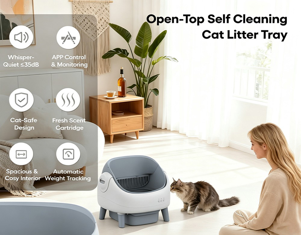 Crigge MINI-C Smart Katzentoilette, Selbstreinigungssystem mit offener Oberseite, Steuerung per WLAN-App, Gesundheits&uuml;berwachung, fl&uuml;sterleiser Betrieb (35 dB), zwei Infrarot-Sicherheitssensoren, automatische Abfalltrennung, abnehmbare Trommel, integrierte Geruchsfilterkartusche