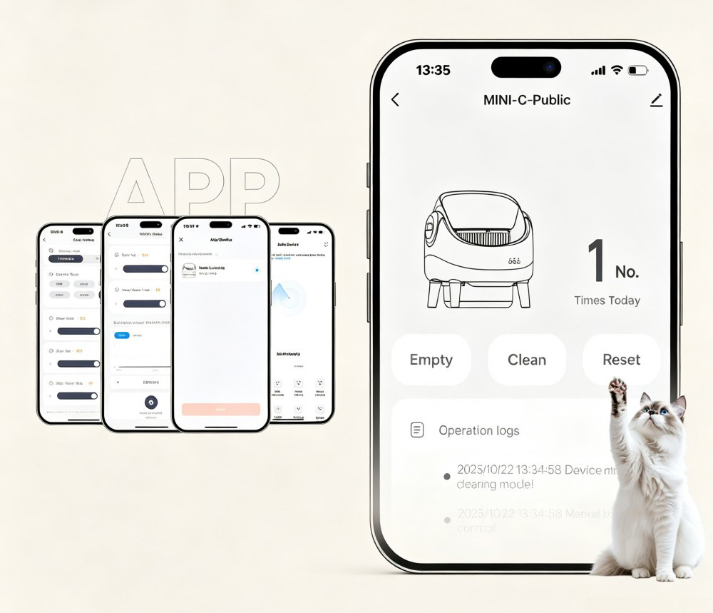 Crigge MINI-C Smart Katzentoilette, Selbstreinigungssystem mit offener Oberseite, Steuerung per WLAN-App, Gesundheits&uuml;berwachung, fl&uuml;sterleiser Betrieb (35 dB), zwei Infrarot-Sicherheitssensoren, automatische Abfalltrennung, abnehmbare Trommel, integrierte Geruchsfilterkartusche
