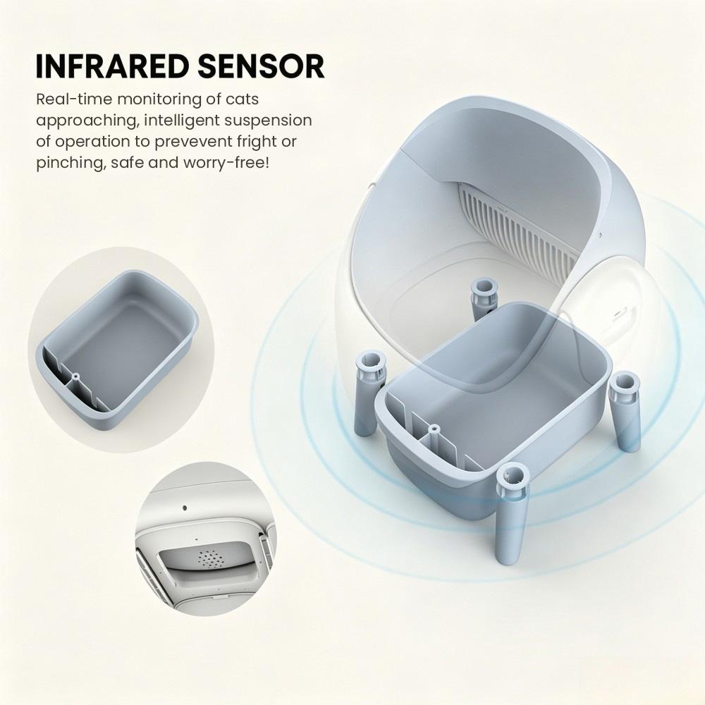 Crigge MINI-C Smart Katzentoilette, Selbstreinigungssystem mit offener Oberseite, Steuerung per WLAN-App, Gesundheits&uuml;berwachung, fl&uuml;sterleiser Betrieb (35 dB), zwei Infrarot-Sicherheitssensoren, automatische Abfalltrennung, abnehmbare Trommel, integrierte Geruchsfilterkartusche