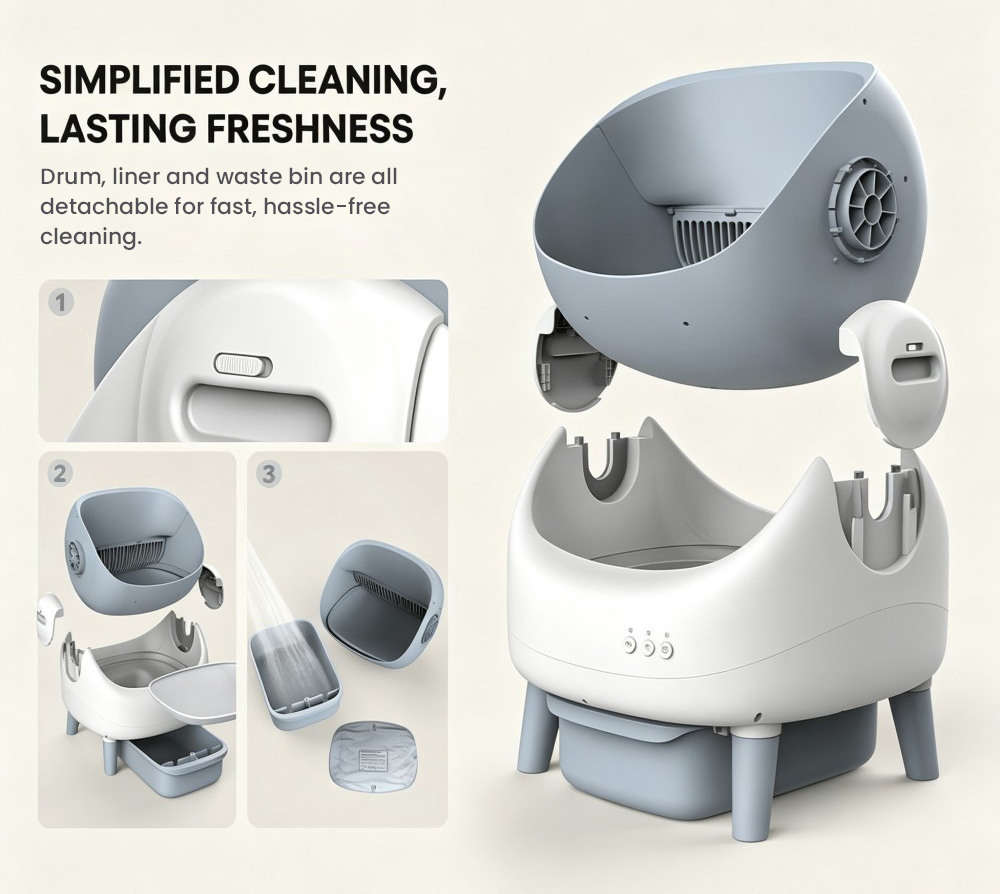 Crigge MINI-C Smart Katzentoilette, Selbstreinigungssystem mit offener Oberseite, Steuerung per WLAN-App, Gesundheits&uuml;berwachung, fl&uuml;sterleiser Betrieb (35 dB), zwei Infrarot-Sicherheitssensoren, automatische Abfalltrennung, abnehmbare Trommel, integrierte Geruchsfilterkartusche