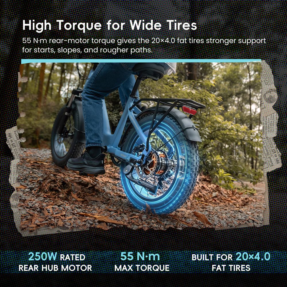 FAFREES F20 Rover Electric Bike, 250W Rear Hub Motor, 48V 15Ah (720Wh) Removable Battery, 55N&middot;m Torque, Up to 80km Range, 25km/h Max Speed, 20&times;4.0' Fat Tires, Hydraulic Disc Brakes, Shimano 7-Speed - Aurora Blue