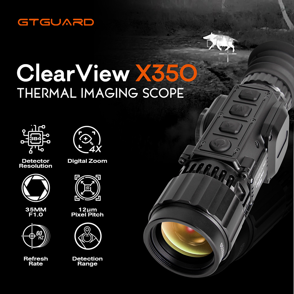 Lunette de vis&eacute;e thermique GTGUARD ClearView X350, capteur thermique 384&times;288, port&eacute;e de reconnaissance jusqu'&agrave; 3&nbsp;400&nbsp;m, objectif 35&nbsp;mm F1.0, zoom num&eacute;rique 4x, &eacute;cran micro-OLED 1&nbsp;024&times;768, stockage 64&nbsp;Go, &eacute;tanch&eacute;it&eacute; IP67