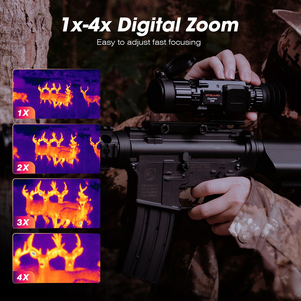 Lunette de vis&eacute;e thermique GTGUARD ClearView X350, capteur thermique 384&times;288, port&eacute;e de reconnaissance jusqu'&agrave; 3&nbsp;400&nbsp;m, objectif 35&nbsp;mm F1.0, zoom num&eacute;rique 4x, &eacute;cran micro-OLED 1&nbsp;024&times;768, stockage 64&nbsp;Go, &eacute;tanch&eacute;it&eacute; IP67
