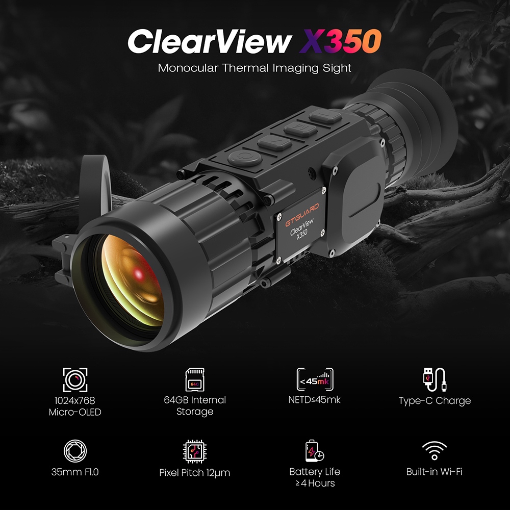 Lunette de vis&eacute;e thermique GTGUARD ClearView X350, capteur thermique 384&times;288, port&eacute;e de reconnaissance jusqu'&agrave; 3&nbsp;400&nbsp;m, objectif 35&nbsp;mm F1.0, zoom num&eacute;rique 4x, &eacute;cran micro-OLED 1&nbsp;024&times;768, stockage 64&nbsp;Go, &eacute;tanch&eacute;it&eacute; IP67