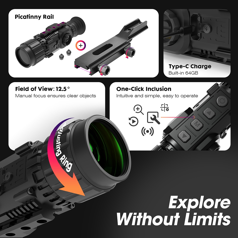 Lunette de vis&eacute;e thermique GTGUARD ClearView X350, capteur thermique 384&times;288, port&eacute;e de reconnaissance jusqu'&agrave; 3&nbsp;400&nbsp;m, objectif 35&nbsp;mm F1.0, zoom num&eacute;rique 4x, &eacute;cran micro-OLED 1&nbsp;024&times;768, stockage 64&nbsp;Go, &eacute;tanch&eacute;it&eacute; IP67