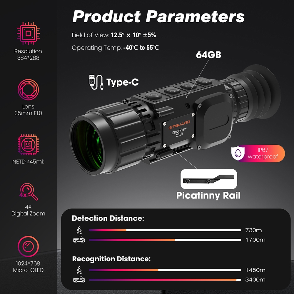 Lunette de vis&eacute;e thermique GTGUARD ClearView X350, capteur thermique 384&times;288, port&eacute;e de reconnaissance jusqu'&agrave; 3&nbsp;400&nbsp;m, objectif 35&nbsp;mm F1.0, zoom num&eacute;rique 4x, &eacute;cran micro-OLED 1&nbsp;024&times;768, stockage 64&nbsp;Go, &eacute;tanch&eacute;it&eacute; IP67