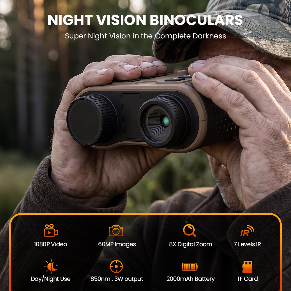 GTGUARD V6 Nachtsichtfernglas, 4K-Digital-Infrarot-Nachtsichtbrille, 300 m Sichtweite, 8-facher Digitalzoom, 60-MP-Kamera, 1080p-Videoaufzeichnung, 850-nm-3-W-IR-Strahler, unterst&uuml;tzt 512-GB-TF-Karten &ndash; Dunkelbraun