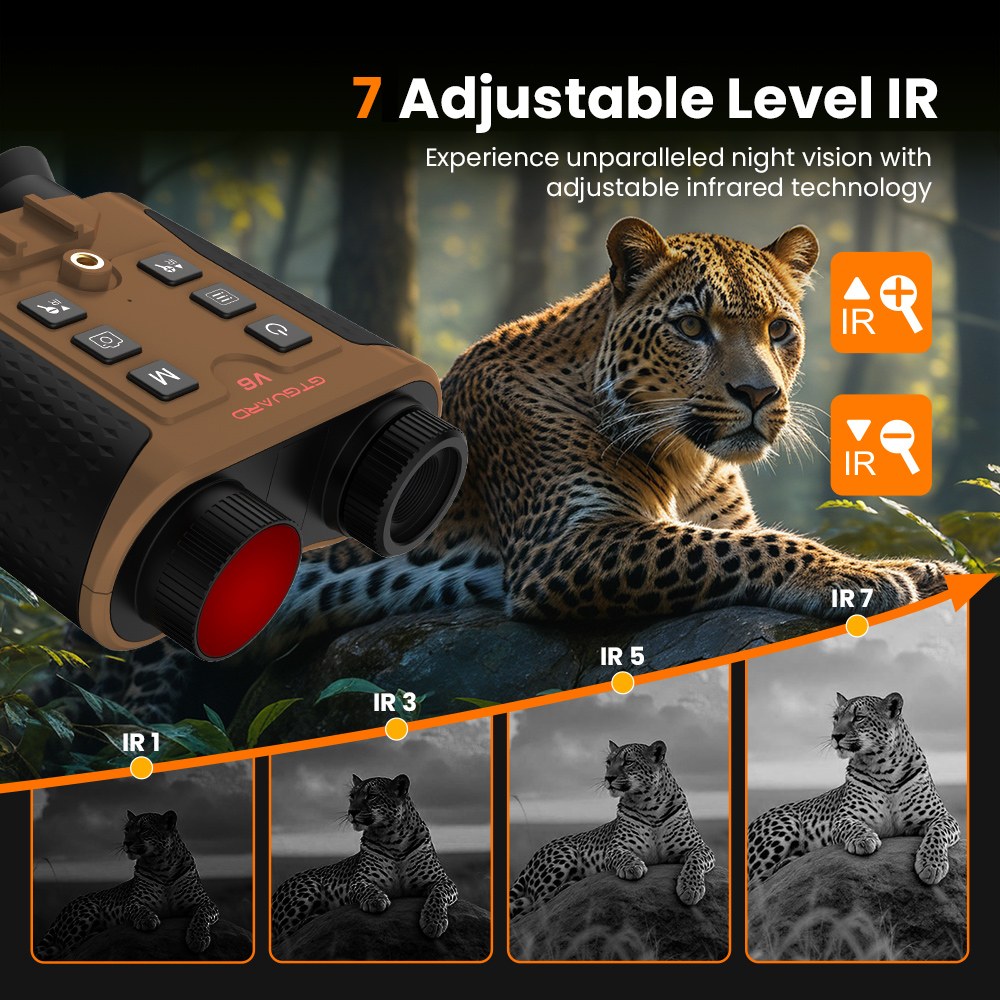 GTGUARD V6 Nachtsichtfernglas, 4K-Digital-Infrarot-Nachtsichtbrille, 300 m Sichtweite, 8-facher Digitalzoom, 60-MP-Kamera, 1080p-Videoaufzeichnung, 850-nm-3-W-IR-Strahler, unterst&uuml;tzt 512-GB-TF-Karten &ndash; Dunkelbraun