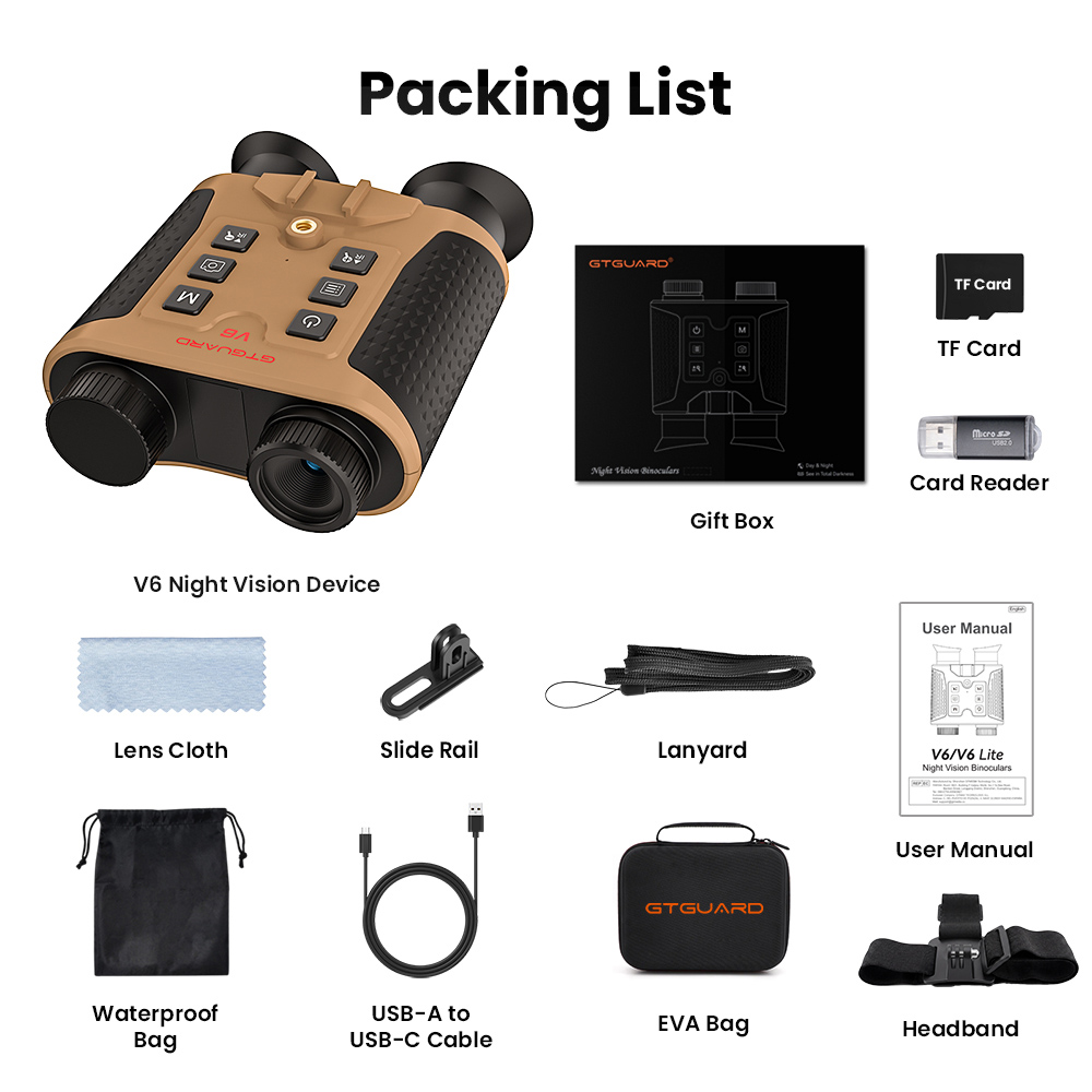 GTGUARD V6 Nachtsichtfernglas, 4K-Digital-Infrarot-Nachtsichtbrille, 300 m Sichtweite, 8-facher Digitalzoom, 60-MP-Kamera, 1080p-Videoaufzeichnung, 850-nm-3-W-IR-Strahler, unterst&uuml;tzt 512-GB-TF-Karten &ndash; Dunkelbraun