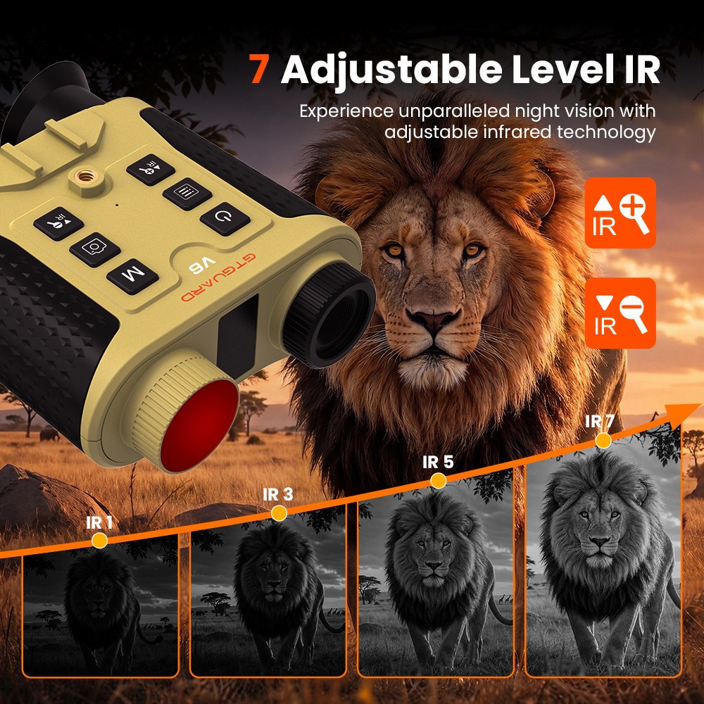 GTGUARD V6 &eacute;jjell&aacute;t&oacute; t&aacute;vcső, 4K digit&aacute;lis infrav&ouml;r&ouml;s &eacute;jjell&aacute;t&oacute; szem&uuml;veg, 300 m-es nagy hat&oacute;t&aacute;vols&aacute;g&uacute; n&eacute;z&eacute;si sz&ouml;g, 8x digit&aacute;lis zoom, 60MP-es kamera, 1080P videofelv&eacute;tel, 850nm-es 3W-os IR megvil&aacute;g&iacute;t&oacute;, 512 GB-os TF k&aacute;rtya t&aacute;mogat&aacute;s - s&aacute;rga