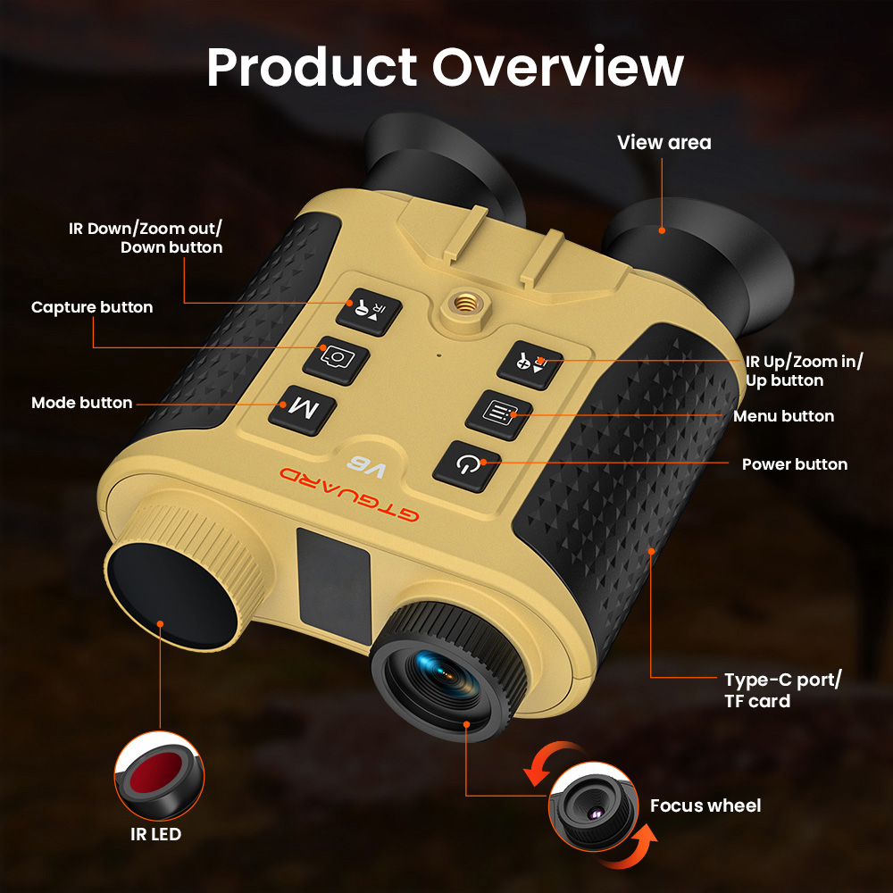 GTGUARD V6 &eacute;jjell&aacute;t&oacute; t&aacute;vcső, 4K digit&aacute;lis infrav&ouml;r&ouml;s &eacute;jjell&aacute;t&oacute; szem&uuml;veg, 300 m-es nagy hat&oacute;t&aacute;vols&aacute;g&uacute; n&eacute;z&eacute;si sz&ouml;g, 8x digit&aacute;lis zoom, 60MP-es kamera, 1080P videofelv&eacute;tel, 850nm-es 3W-os IR megvil&aacute;g&iacute;t&oacute;, 512 GB-os TF k&aacute;rtya t&aacute;mogat&aacute;s - s&aacute;rga