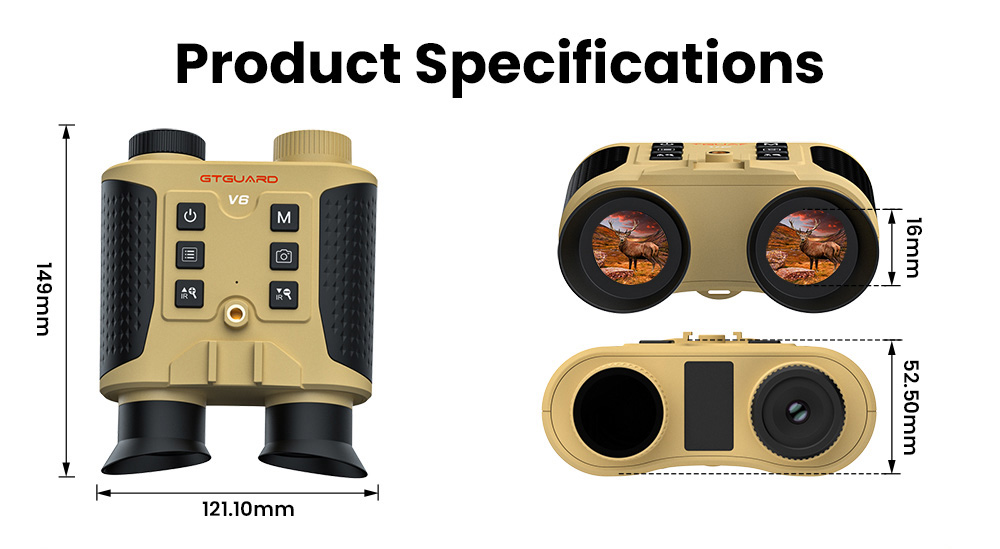 GTGUARD V6 &eacute;jjell&aacute;t&oacute; t&aacute;vcső, 4K digit&aacute;lis infrav&ouml;r&ouml;s &eacute;jjell&aacute;t&oacute; szem&uuml;veg, 300 m-es nagy hat&oacute;t&aacute;vols&aacute;g&uacute; n&eacute;z&eacute;si sz&ouml;g, 8x digit&aacute;lis zoom, 60MP-es kamera, 1080P videofelv&eacute;tel, 850nm-es 3W-os IR megvil&aacute;g&iacute;t&oacute;, 512 GB-os TF k&aacute;rtya t&aacute;mogat&aacute;s - s&aacute;rga