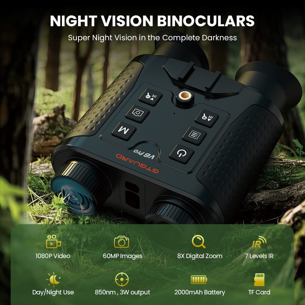 Jumelles de vision nocturne GTGUARD V6 Pro, t&eacute;l&eacute;m&egrave;tre laser 600 m, lunettes de vision nocturne infrarouge num&eacute;rique 4K, port&eacute;e de vision jusqu'&agrave; 300 m, zoom num&eacute;rique 8x, cam&eacute;ra 60 MP, enregistrement vid&eacute;o 1080p, LED IR 850 nm 3 W, compatible avec les cartes TF jusqu'&agrave; 512 Go