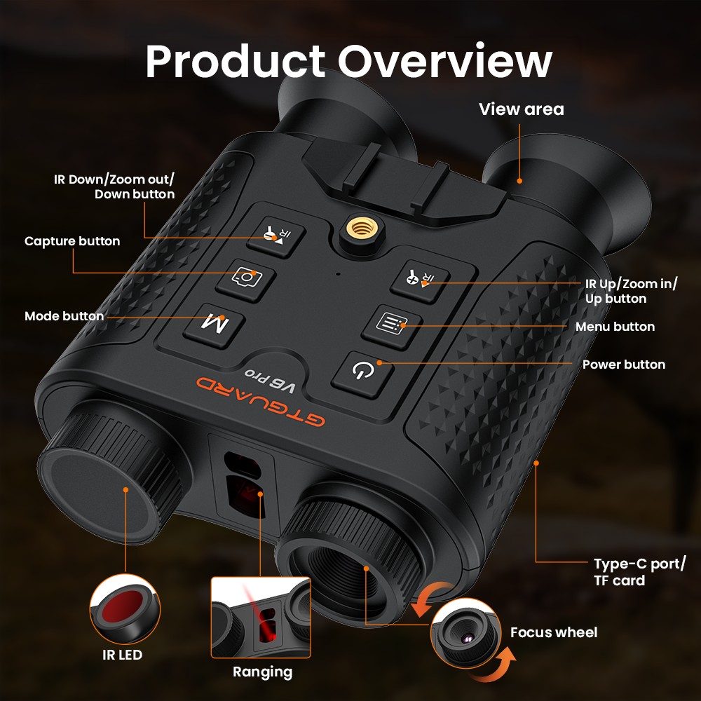 Jumelles de vision nocturne GTGUARD V6 Pro, t&eacute;l&eacute;m&egrave;tre laser 600 m, lunettes de vision nocturne infrarouge num&eacute;rique 4K, port&eacute;e de vision jusqu'&agrave; 300 m, zoom num&eacute;rique 8x, cam&eacute;ra 60 MP, enregistrement vid&eacute;o 1080p, LED IR 850 nm 3 W, compatible avec les cartes TF jusqu'&agrave; 512 Go