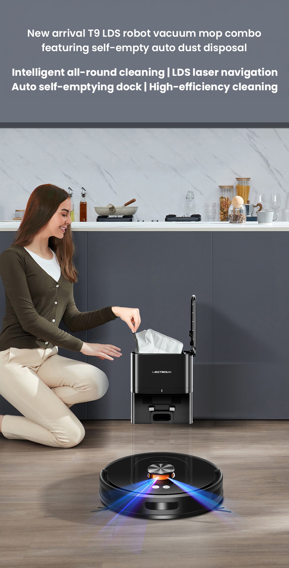 Liectroux T9 LDS Robot Vacuum and Mop, 6500Pa Suction, Wet & Dry Cleaning, LiDAR Laser Navigation, 3L Auto-Empty Station, Anti-Tangle Side Brush, 220ml Water Tank, 3-Level Water Flow, 20mm Threshold Climbing, App & Voice Control