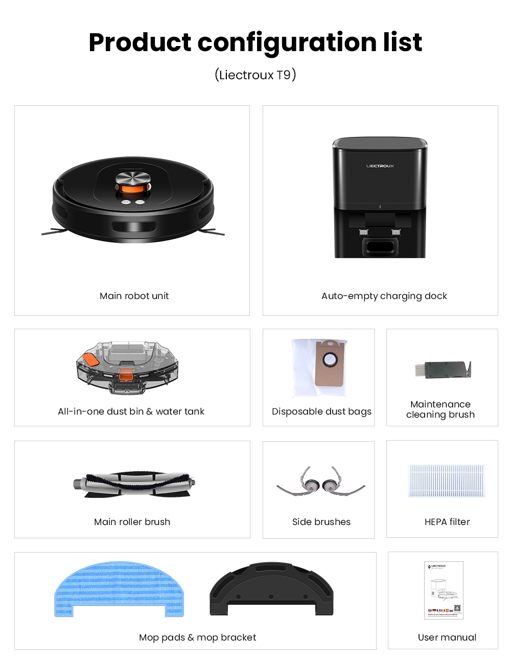 Liectroux T9 LDS Robot Vacuum and Mop, 6500Pa Suction, Wet & Dry Cleaning, LiDAR Laser Navigation, 3L Auto-Empty Station, Anti-Tangle Side Brush, 220ml Water Tank, 3-Level Water Flow, 20mm Threshold Climbing, App & Voice Control
