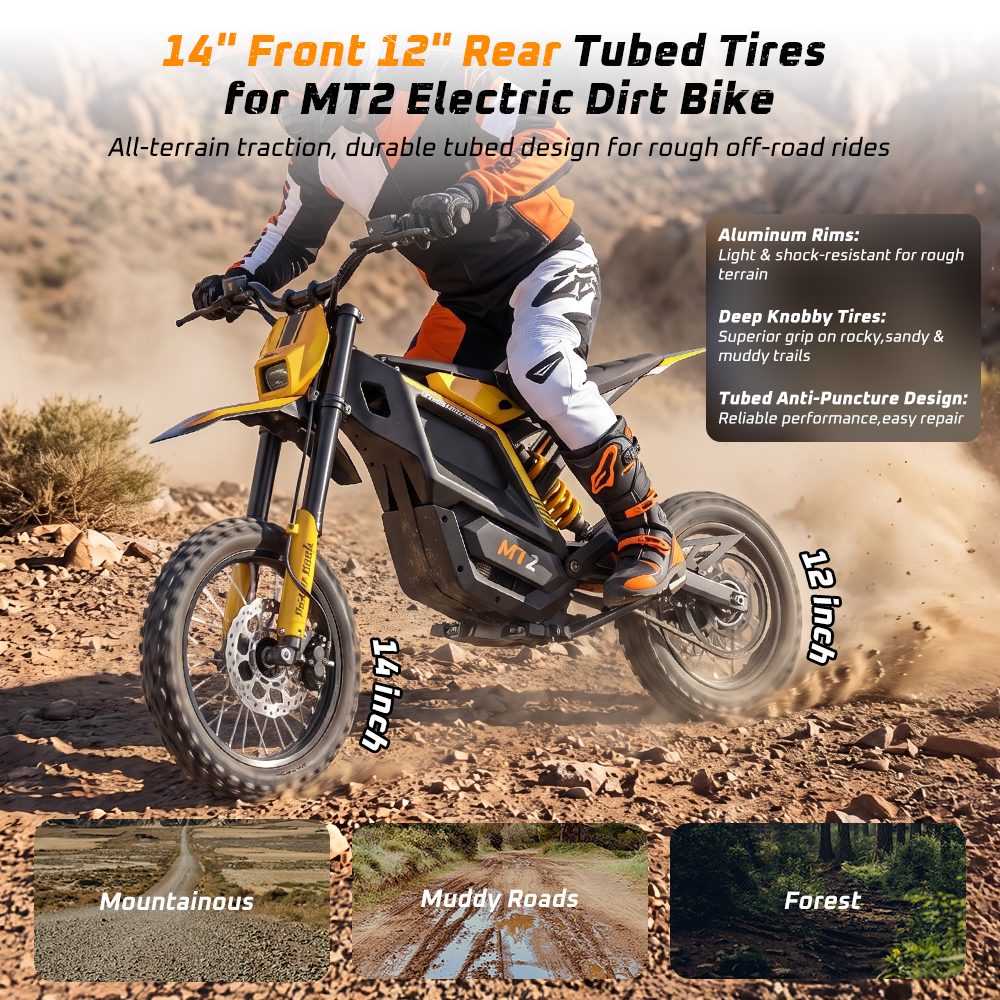 MT2 Elektromotorrad, 3000-W-Motorleistung, herausnehmbarer 48-V-22,5-Ah-Akku, 220 Nm Drehmoment, 60 km/h H&ouml;chstgeschwindigkeit, bis zu 72 km Reichweite, 58 % Steigf&auml;higkeit, hydraulische Scheibenbremsen, hydraulische Federung vorne und hinten, NFC-Entsperrung &ndash; Gelb