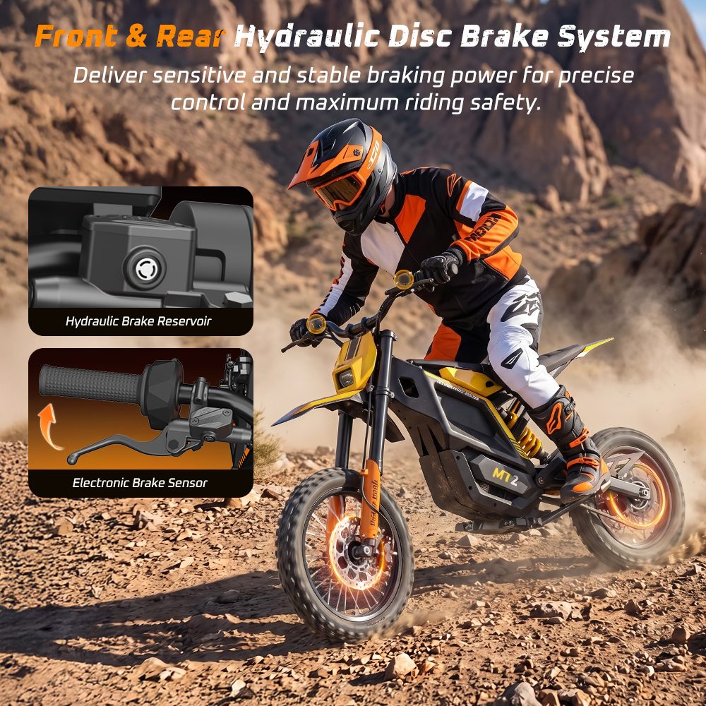 MT2 Elektromotorrad, 3000-W-Motorleistung, herausnehmbarer 48-V-22,5-Ah-Akku, 220 Nm Drehmoment, 60 km/h H&ouml;chstgeschwindigkeit, bis zu 72 km Reichweite, 58 % Steigf&auml;higkeit, hydraulische Scheibenbremsen, hydraulische Federung vorne und hinten, NFC-Entsperrung &ndash; Gelb