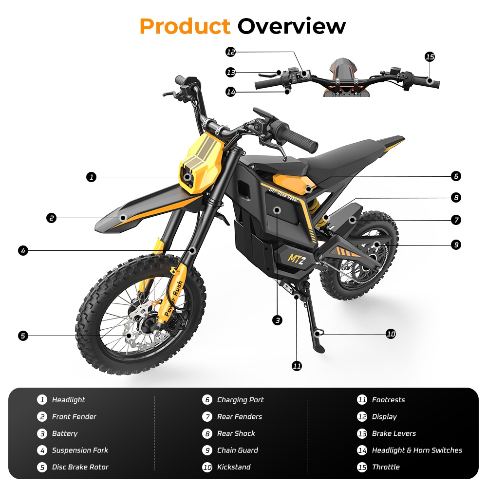 MT2 Elektromotorrad, 3000-W-Motorleistung, herausnehmbarer 48-V-22,5-Ah-Akku, 220 Nm Drehmoment, 60 km/h H&ouml;chstgeschwindigkeit, bis zu 72 km Reichweite, 58 % Steigf&auml;higkeit, hydraulische Scheibenbremsen, hydraulische Federung vorne und hinten, NFC-Entsperrung &ndash; Gelb