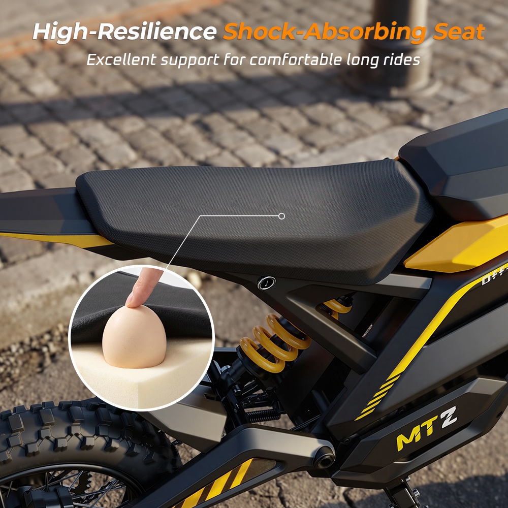 MT2 Elektromotorrad, 3000-W-Motorleistung, herausnehmbarer 48-V-22,5-Ah-Akku, 220 Nm Drehmoment, 60 km/h H&ouml;chstgeschwindigkeit, bis zu 72 km Reichweite, 58 % Steigf&auml;higkeit, hydraulische Scheibenbremsen, hydraulische Federung vorne und hinten, NFC-Entsperrung &ndash; Gelb