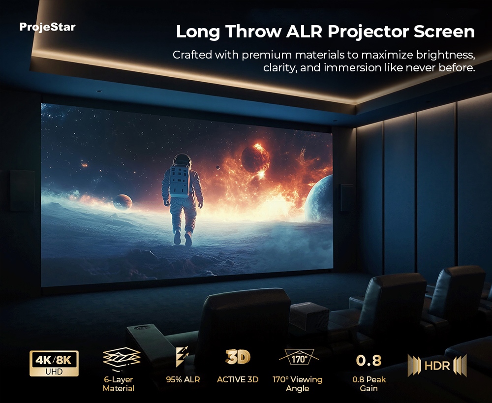 ProjeStar Écran de Projection ALR 130" pour Projecteur à Longue Focale, matériau PET Crystal à 6 couches, rejet de 95% de la lumière ambiante, gain de 0,8, 170 ° Angle de vision, prise en charge 4K/8K UHD, HDR et 3D actif