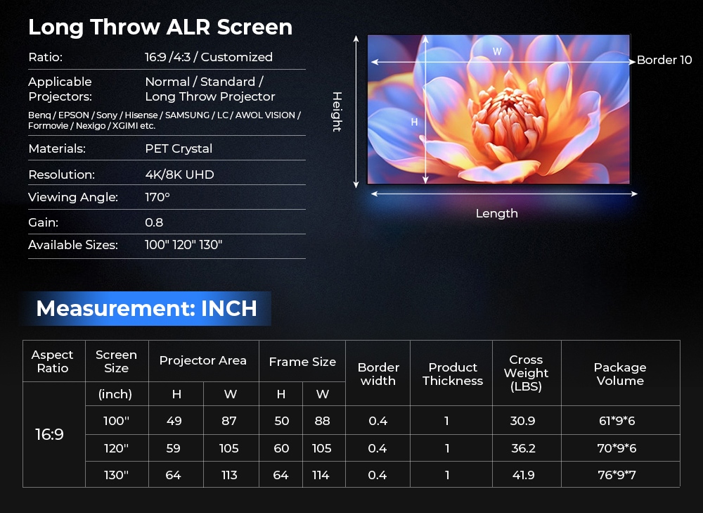 ProjeStar 130" Long Throw ALR Projector Screen, PET Crystal 6-Layer Material, 95% Ambient Light Rejection, 0.8 Gain, 170° Viewing Angle, 4K/8K UHD, HDR & Active 3D Support
