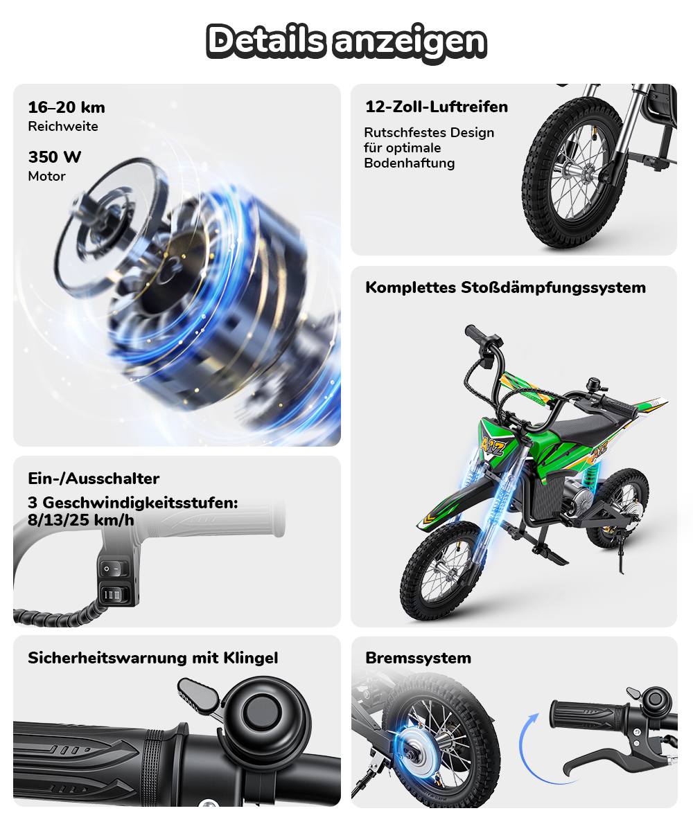 iScooter A12 Kinder-Elektro-Dirtbike, 300W Motor (350W Peak), 36V 4.5Ah Akku, 25 km/h Max. Geschwindigkeit, 20 km Reichweite, 12-Zoll Luftreifen, Vorder- & Hinterradfederung, Griffbremse & hintere Scheibenbremse, 3 Fahrmodi, 70 kg Traglast - Grün