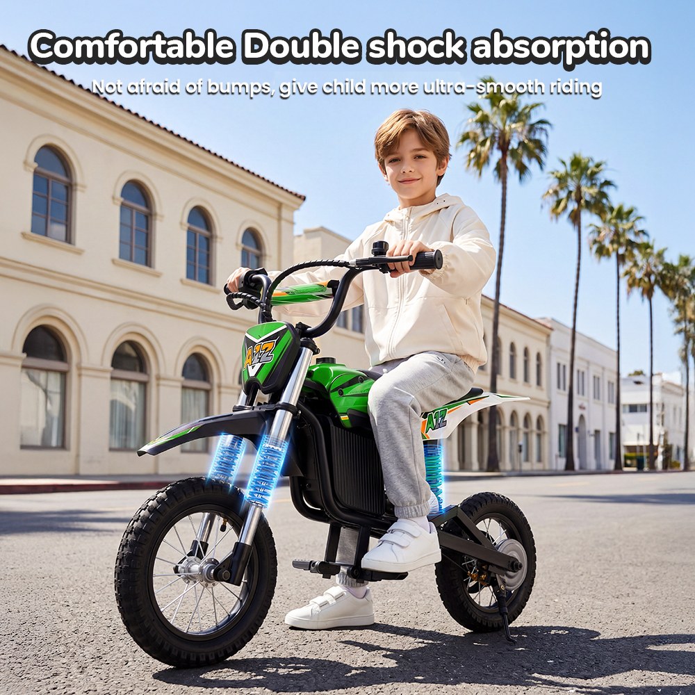iScooter A12 Moto Tout-Terrain Électrique pour Enfants, Moteur 300W (350W en crête), Batterie 36V 4.5Ah, 25km/h, 20km d’autonomie, Pneu 12", Suspension avant et arrière, Frein à poignée et frein à disque arrière, 3 modes de vitesse - Vert