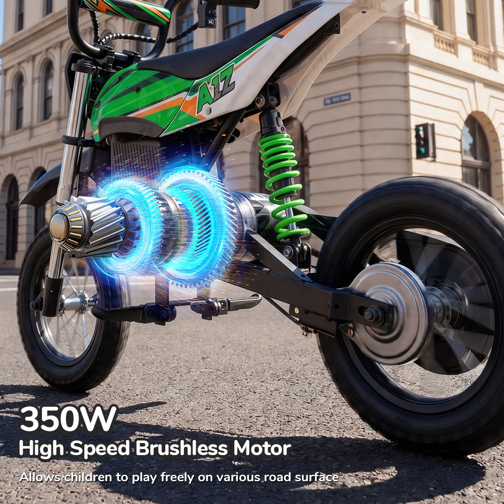 iScooter A12 Moto Tout-Terrain Électrique pour Enfants, Moteur 300W (350W en crête), Batterie 36V 4.5Ah, 25km/h, 20km d’autonomie, Pneu 12", Suspension avant et arrière, Frein à poignée et frein à disque arrière, 3 modes de vitesse - Vert