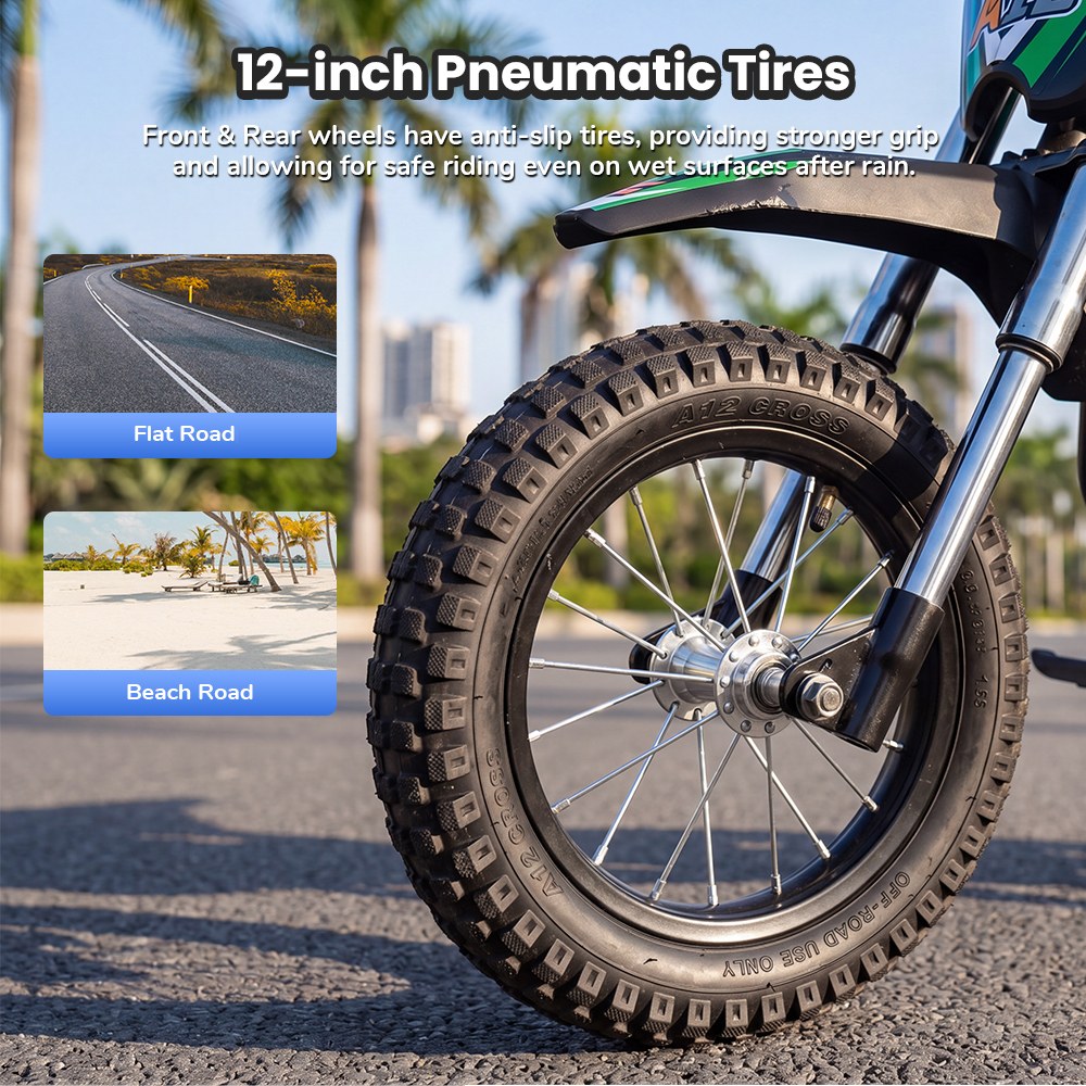 iScooter A12 Moto Tout-Terrain Électrique pour Enfants, Moteur 300W (350W en crête), Batterie 36V 4.5Ah, 25km/h, 20km d’autonomie, Pneu 12", Suspension avant et arrière, Frein à poignée et frein à disque arrière, 3 modes de vitesse - Vert