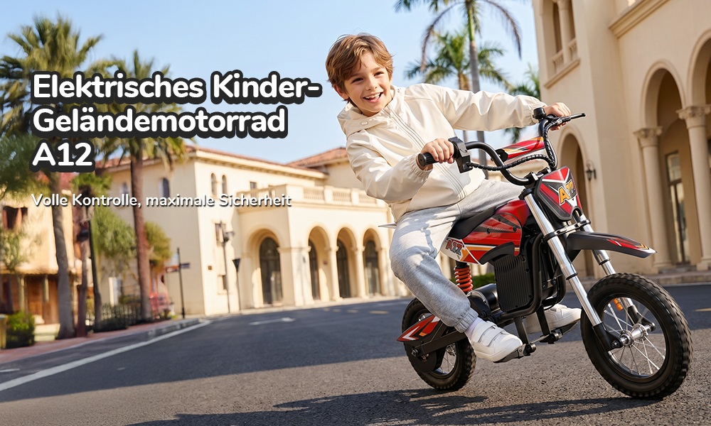 iScooter A12 Kinder-Elektro-Dirtbike, 300W Motor (350W Peak), 36V 4.5Ah Akku, 25 km/h Max. Geschwindigkeit, 20 km Reichweite, 12-Zoll Luftreifen, Vorder- & Hinterradfederung, Griffbremse & hintere Scheibenbremse, 3 Fahrmodi, 70 kg Traglast - Rot