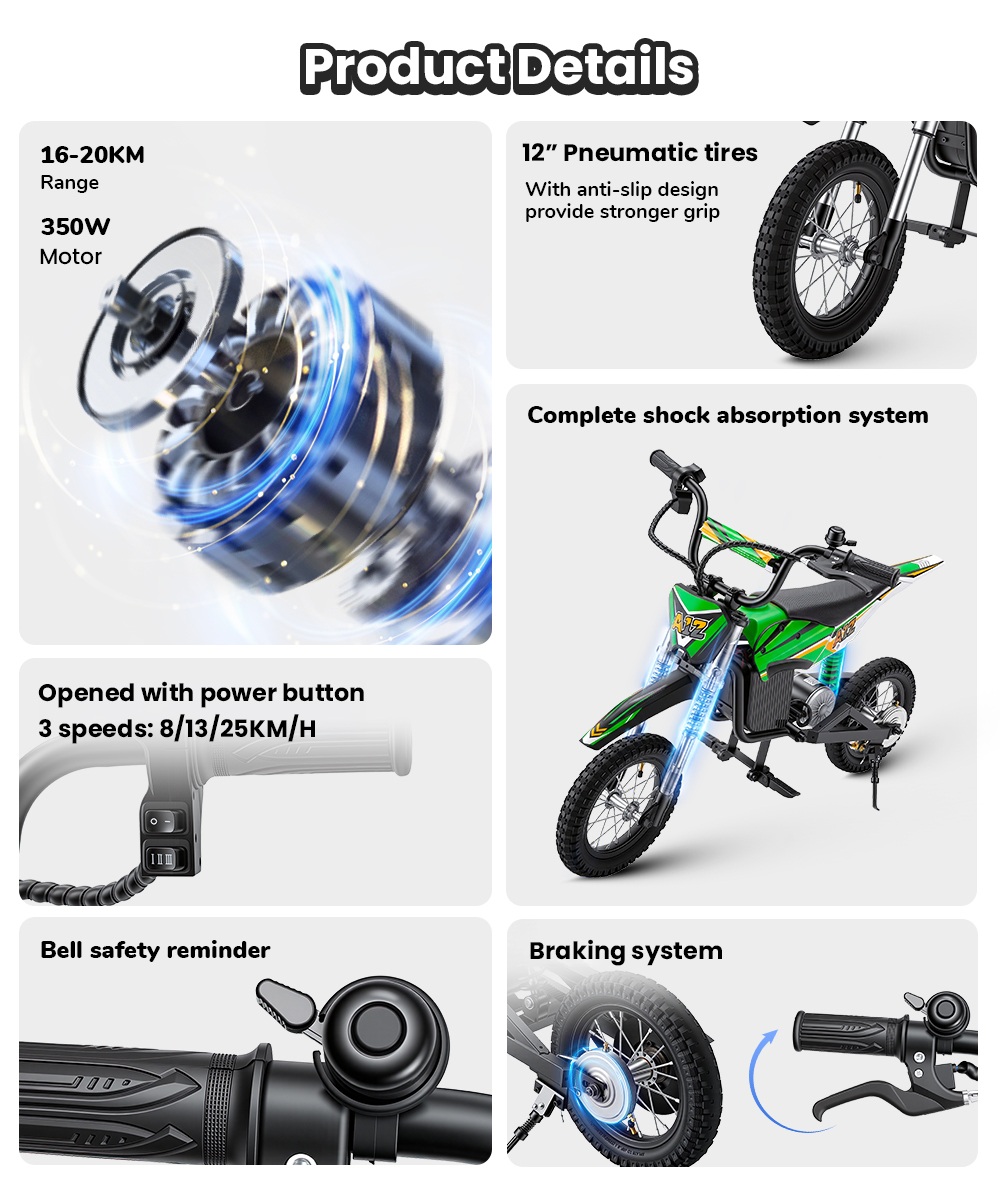 iScooter A12 Moto Tout-Terrain Électrique pour Enfants, Moteur 300W (350W en crête), Batterie 36V 4.5Ah, 25km/h, 20km d’autonomie, Pneu 12", Suspension avant et arrière, Frein à poignée et frein à disque arrière, 3 modes de vitesse - Vert