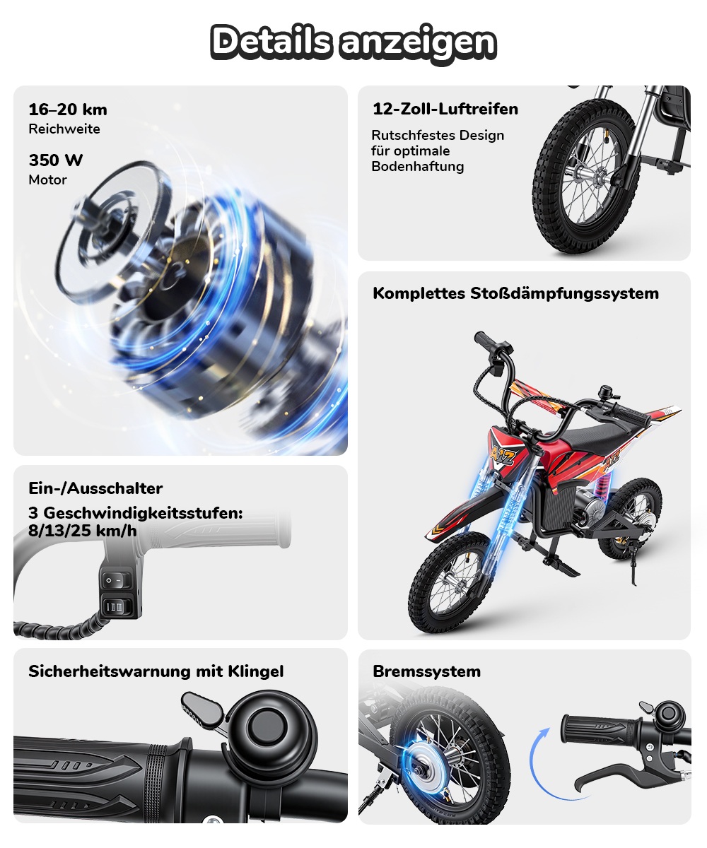 iScooter A12 Kinder-Elektro-Dirtbike, 300W Motor (350W Peak), 36V 4.5Ah Akku, 25 km/h Max. Geschwindigkeit, 20 km Reichweite, 12-Zoll Luftreifen, Vorder- & Hinterradfederung, Griffbremse & hintere Scheibenbremse, 3 Fahrmodi, 70 kg Traglast - Rot