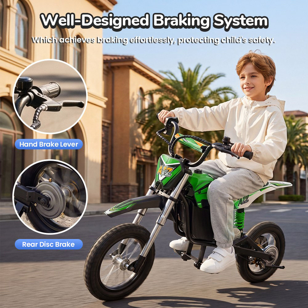 iScooter A12 Moto Tout-Terrain Électrique pour Enfants, Moteur 300W (350W en crête), Batterie 36V 4.5Ah, 25km/h, 20km d’autonomie, Pneu 12", Suspension avant et arrière, Frein à poignée et frein à disque arrière, 3 modes de vitesse - Vert