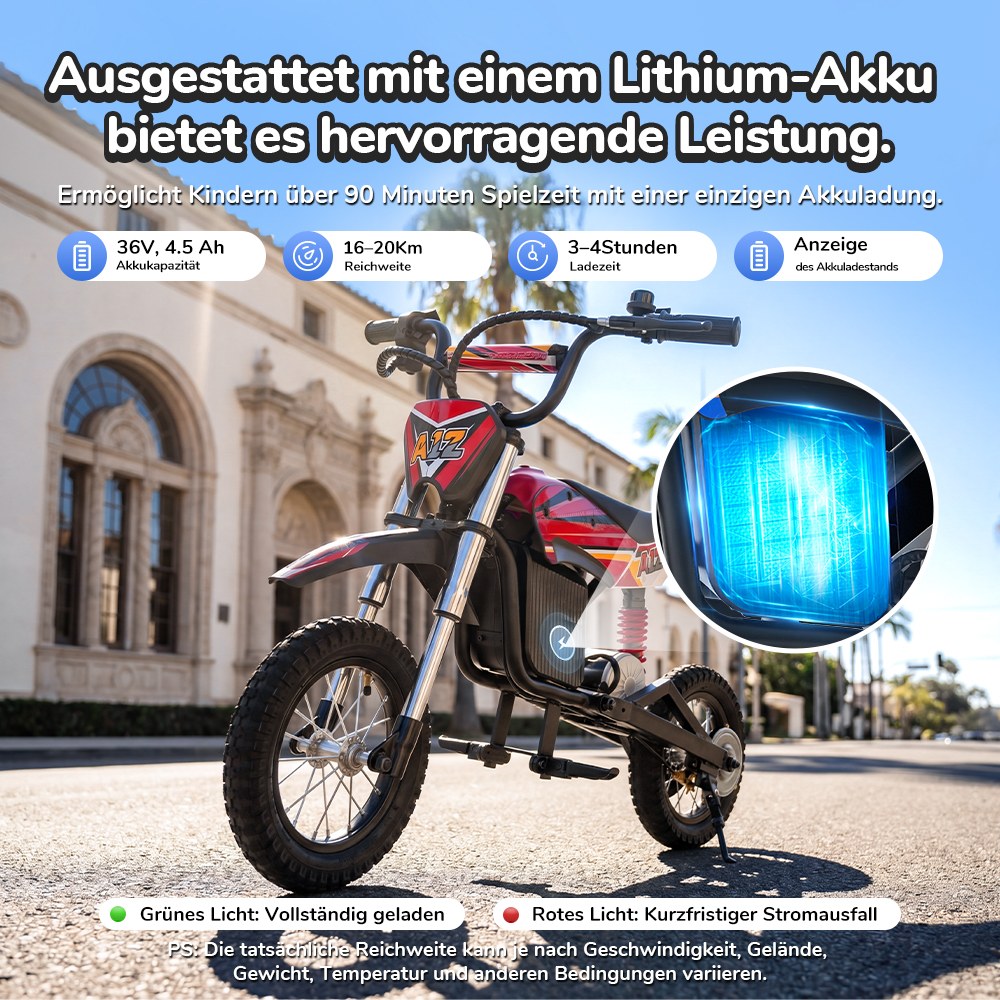 iScooter A12 Kinder-Elektro-Dirtbike, 300W Motor (350W Peak), 36V 4.5Ah Akku, 25 km/h Max. Geschwindigkeit, 20 km Reichweite, 12-Zoll Luftreifen, Vorder- & Hinterradfederung, Griffbremse & hintere Scheibenbremse, 3 Fahrmodi, 70 kg Traglast - Rot