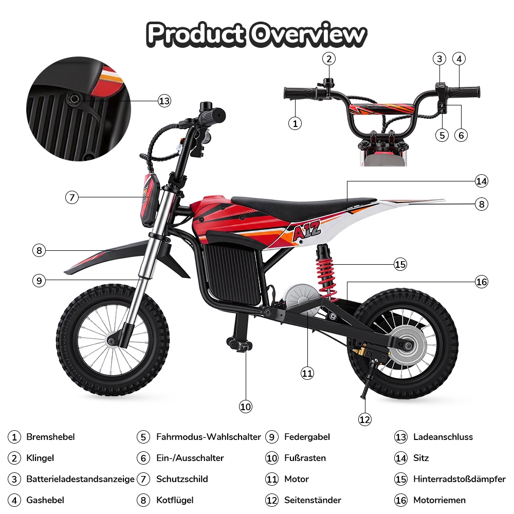 iScooter A12 Kinder-Elektro-Dirtbike, 300W Motor (350W Peak), 36V 4.5Ah Akku, 25 km/h Max. Geschwindigkeit, 20 km Reichweite, 12-Zoll Luftreifen, Vorder- & Hinterradfederung, Griffbremse & hintere Scheibenbremse, 3 Fahrmodi, 70 kg Traglast - Rot